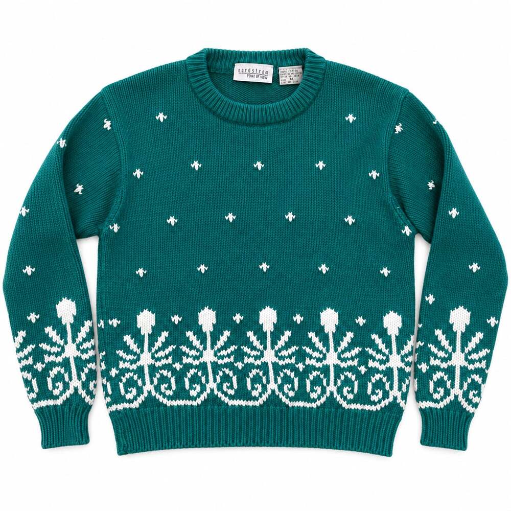 Vintage Nordstrom Point of View Sweater Womens M Teal Green Floral 100% Cotton